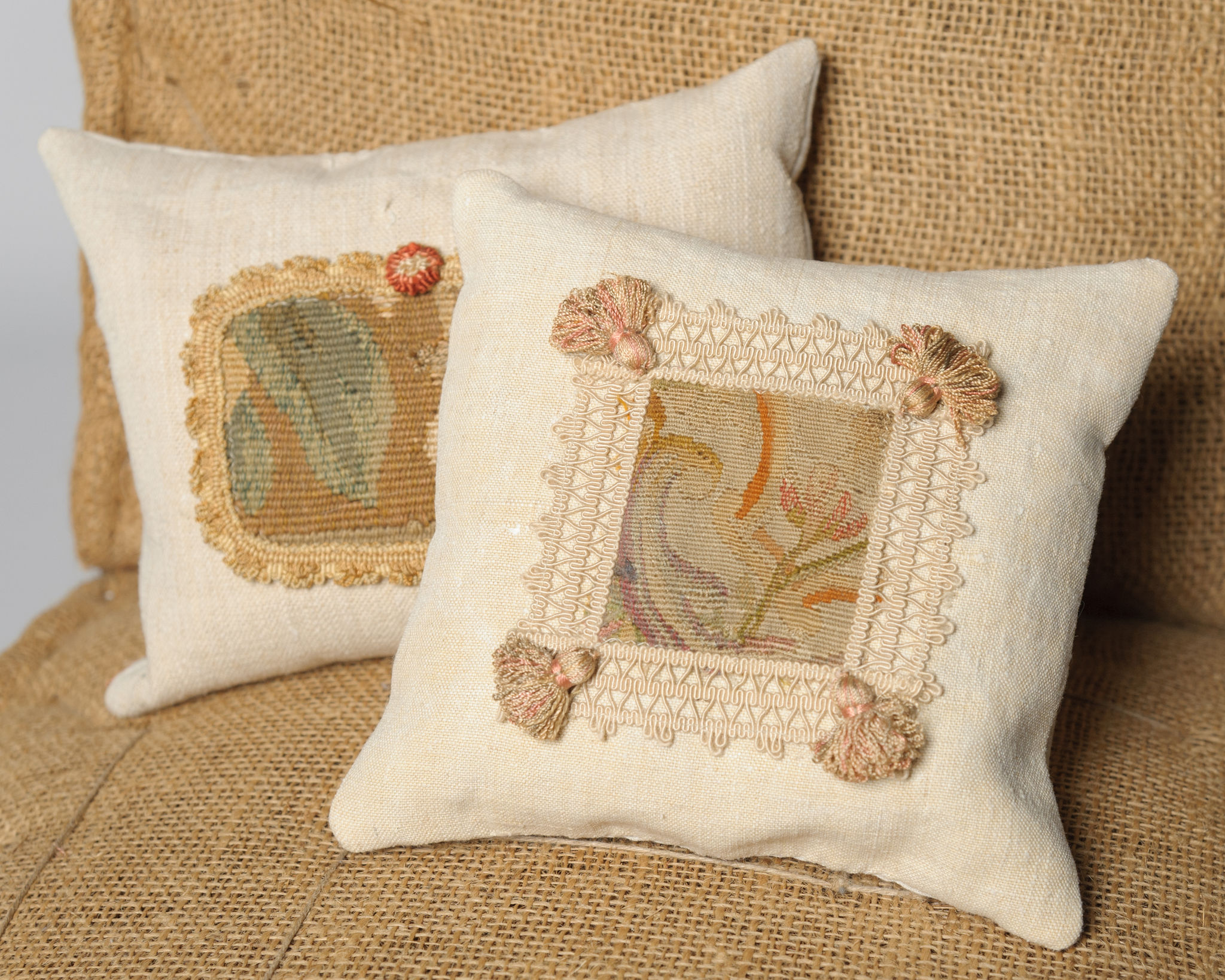 Two antique Aubusson small cushions Nikki Page Antiques